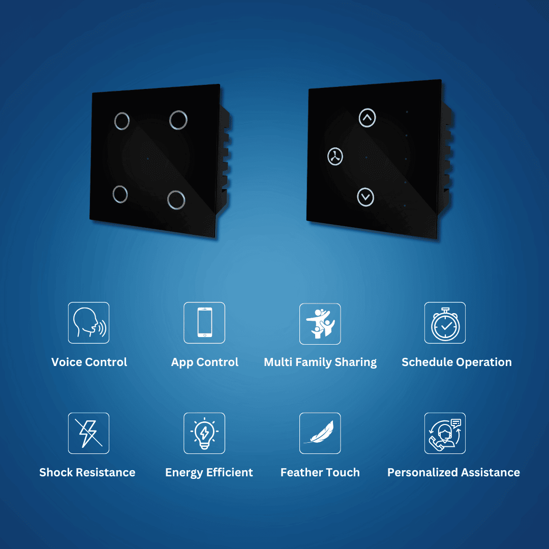 Wynbee Smart 12 Module Touch Switch Board | 4 Relay Touch Switch, Fan Regulator Touch Switch, Dummy Switches