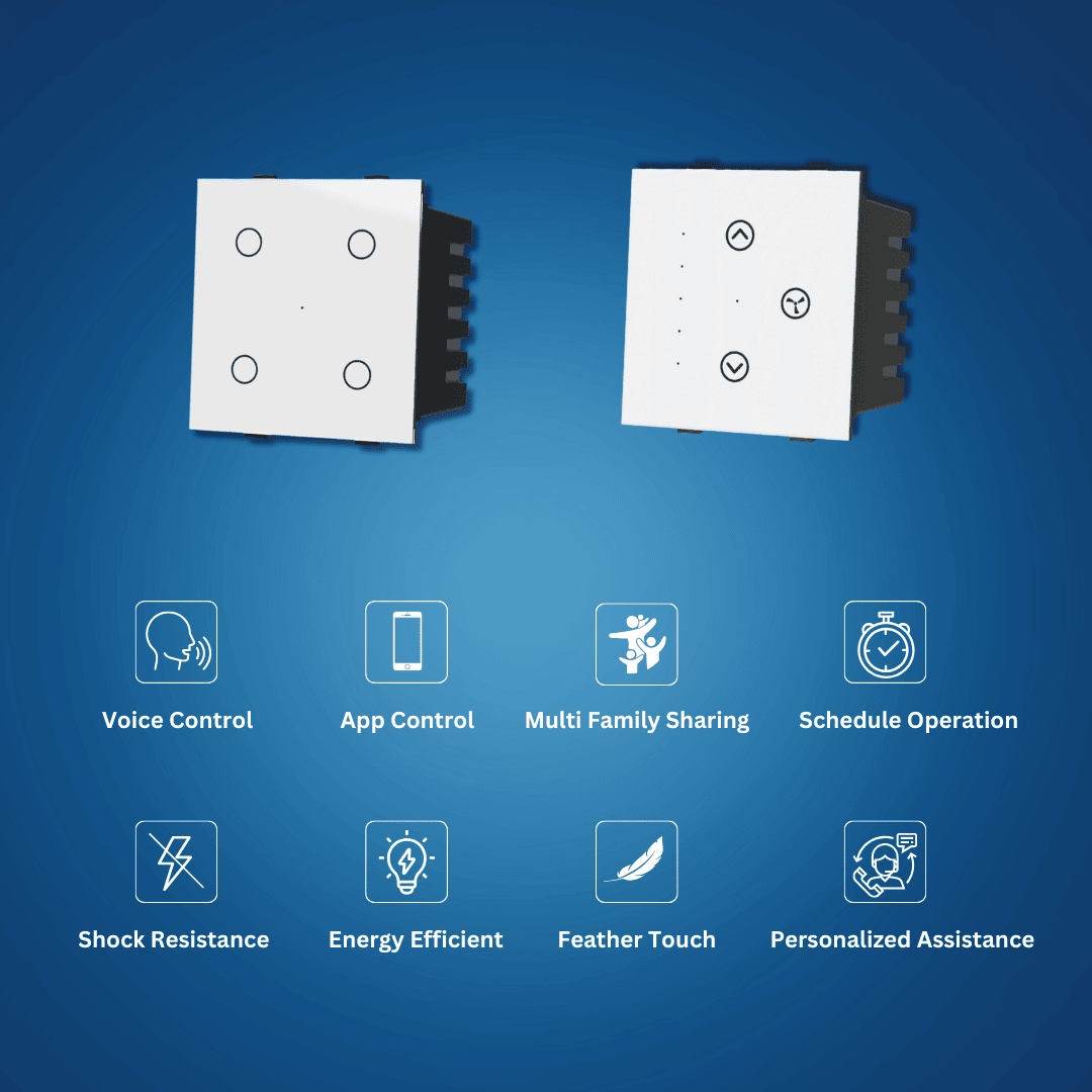 Wynbee Smart 12 Module Touch Switch Board | 4 Relay Touch Switch, Fan Regulator Touch Switch, Dummy Switches